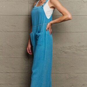 Heyson Jumpsuit Large Overalls Wide Leg Button Strap Mineral Wash Linen Gauzy